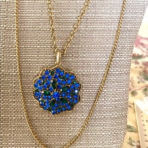 Blue & Green Rhinestone Necklace Flower Medallion Double Gold Rolo & Curb Chain